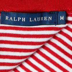 Pre Owned Ralph Lauren Red & White Striped Logo Embroidered V- Neck T-Shirt M