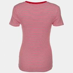 Pre Owned Ralph Lauren Red & White Striped Logo Embroidered V- Neck T-Shirt M