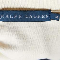Pre Owned Ralph Lauren Cream Cotton Pique Beaded Logo Detail Polo T-Shirt M