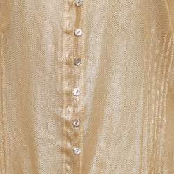 Pre Owned Ralph Lauren Gold Coated Mesh Ruffled Button Front Sheer Shirt L