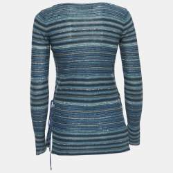 Pre Owned Ralph Lauren Blue Striped Linen Blend Knit Long Sleeve Wrap Top XS