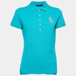 Pre Owned Ralph Lauren Teal Blue Cotton Glitter Logo Polo T-Shirt L