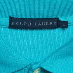 Pre Owned Ralph Lauren Teal Blue Cotton Glitter Logo Polo T-Shirt L