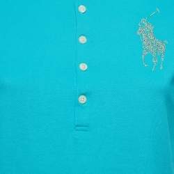 Pre Owned Ralph Lauren Teal Blue Cotton Glitter Logo Polo T-Shirt L
