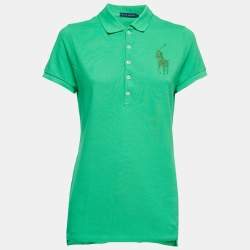 مملوكة مسبقًا Ralph Lauren Green Cotton Glitter Logo Polo T-Shirt L