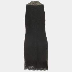 Pre Owned Ralph Lauren Black Floral Motif Lace Crystal Embellished A-Line Dress L