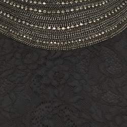 Pre Owned Ralph Lauren Black Floral Motif Lace Crystal Embellished A-Line Dress L