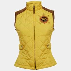 Pre Owned Ralph Lauren Sport Yellow Embroidered Suede Trim Synthetic Quilted Vest S