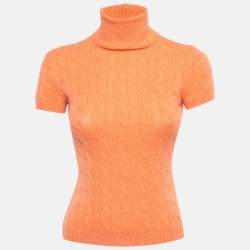 Pre Owned Ralph Lauren Orange Cashmere Cable Knit Short Sleeve Slim Fit Top S