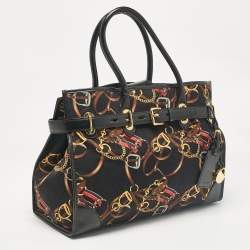 Ralph Lauren Black/Multicolor Equestrian Print Canvas Belt Shopper Tote