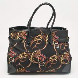 Ralph Lauren Black/Multicolor Equestrian Print Canvas Belt Shopper Tote