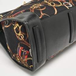 Ralph Lauren Black/Multicolor Equestrian Print Canvas Belt Shopper Tote