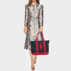 Pre Owned Ralph Lauren Navy Blue/Red Canvas Embroidered Tote