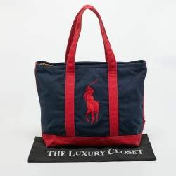 Pre Owned Ralph Lauren Navy Blue/Red Canvas Embroidered Tote