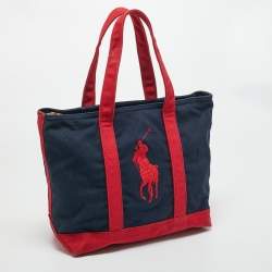 Pre Owned Ralph Lauren Navy Blue/Red Canvas Embroidered Tote