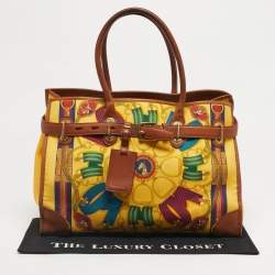 Pre Owned Ralph Lauren Yellow/Brown Leather and Nylon Equestrian Scarf Tote