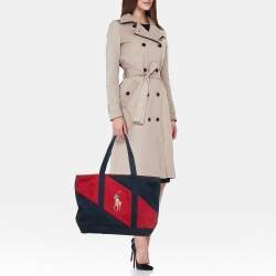 Pre Owned Ralph Lauren Navy Blue/Red Canvas Embroidered Tote