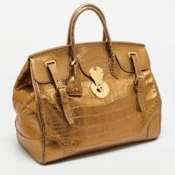 Pre Owned Ralph Lauren Gold Alligator Embossed Leather Ricky 40 Tote