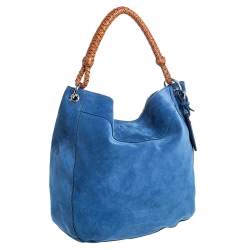 Pre Owned Ralph Lauren Blue/Tan Nubuck and Leather Woven Handle Hobo