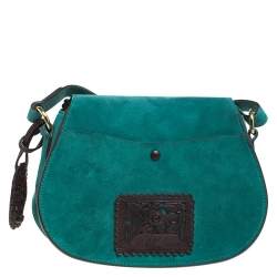 Pre Owned Ralph Lauren Turquoise Suede aand Leather Embroidered Saddle Bag