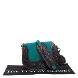 Pre Owned Ralph Lauren Turquoise Suede aand Leather Embroidered Saddle Bag
