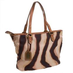 Pre Owned حقيبة يد رالف لورين جلد وكانفسا زيبرا بنية/ بيج