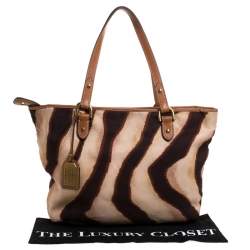 Pre Owned حقيبة يد رالف لورين جلد وكانفسا زيبرا بنية/ بيج