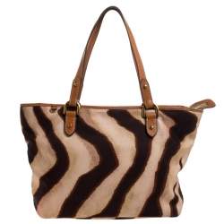 Pre Owned حقيبة يد رالف لورين جلد وكانفسا زيبرا بنية/ بيج