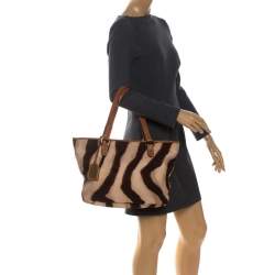 Pre Owned حقيبة يد رالف لورين جلد وكانفسا زيبرا بنية/ بيج