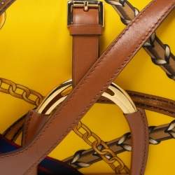 Pre Owned Ralph Lauren Yellow/Brown Printed Nylon and Leather Equestrian Flap Crossbody Bag