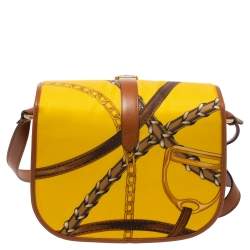 Pre Owned Ralph Lauren Yellow/Brown Printed Nylon and Leather Equestrian Flap Crossbody Bag