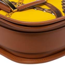 Pre Owned Ralph Lauren Yellow/Brown Printed Nylon and Leather Equestrian Flap Crossbody Bag