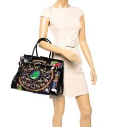 Pre Owned Ralph Lauren Black Printed Canvas and Patent Leather Buckle Tote