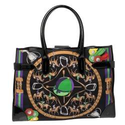 Pre Owned Ralph Lauren Black Printed Canvas and Patent Leather Buckle Tote