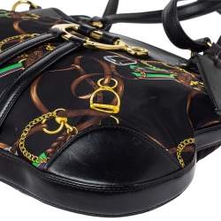 Pre Owned Ralph Lauren Black Equestrian Print Nylon and Leather Hobo