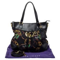 Pre Owned Ralph Lauren Black Equestrian Print Nylon and Leather Hobo