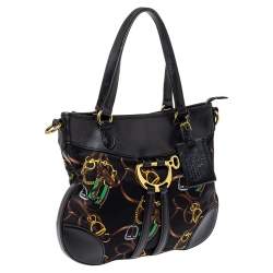 Pre Owned Ralph Lauren Black Equestrian Print Nylon and Leather Hobo