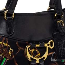 Pre Owned Ralph Lauren Black Equestrian Print Nylon and Leather Hobo
