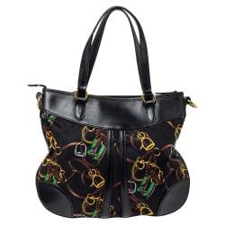 Pre Owned Ralph Lauren Black Equestrian Print Nylon and Leather Hobo
