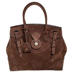 Ralph Lauren Handbag, Brown Suede, Croc Embossed Leather Handbag