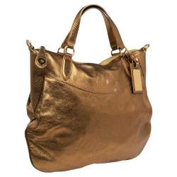 Pre Owned Ralph Lauren Metallic Gold Leather Top Zip Hobo
