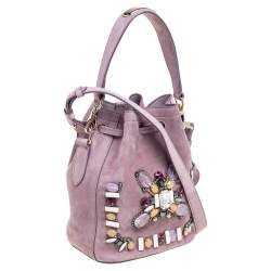 Pre Owned Ralph Lauren Purple Suede Crystal Embellished Drawstring Bucket Bag
