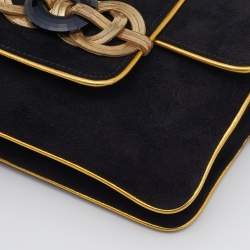 Pre Owned Ralph Lauren Black/Gold Suede And Leather Embellished Flap Shoulder Bag