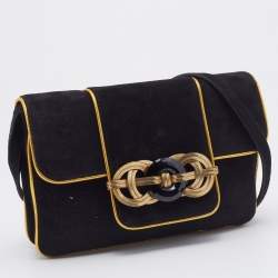 Pre Owned Ralph Lauren Black/Gold Suede And Leather Embellished Flap Shoulder Bag