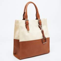 Pre Owned Ralph Lauren Cream/Tan Canvas and Leather  Shopper Tote