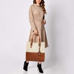 Pre Owned Ralph Lauren Cream/Tan Canvas and Leather  Shopper Tote