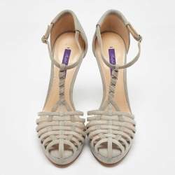 Ralph Lauren Grey Suede Leather T Strap Platform Sandals Size 38.5