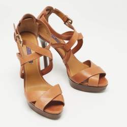 Pre Owned Ralph Lauren Brown Leather Ankle Strap Sandals 38