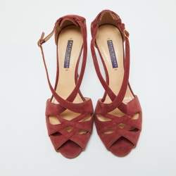 Ralph Lauren Rust Red Suede Arianna Peep Toe Sandals Size 39