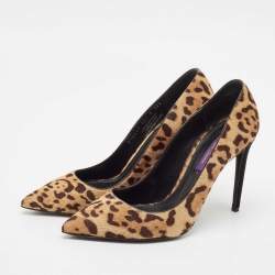 Pre Owned Ralph Lauren Brown Leopard Print Calf Hair Pointed Toe Pumps Size 38.5